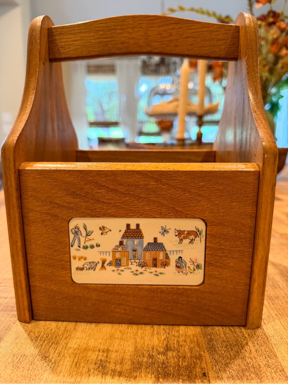 Cottagecore Wooden Farmhouse Storage Caddy with Country Tile Accent - Brown